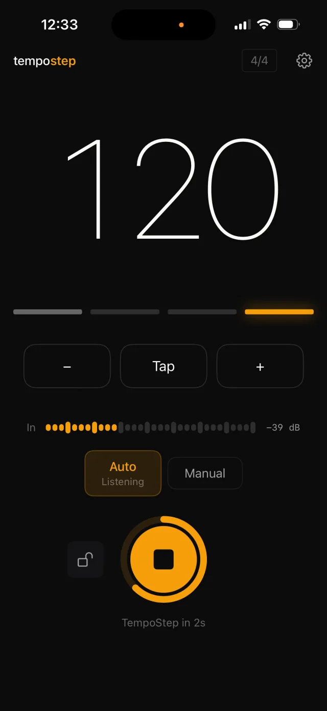 TempoStep paused at 120 BPM, status: TempoStep in 2s