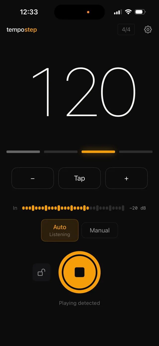 TempoStep playing at 120 BPM, status: Playing detected