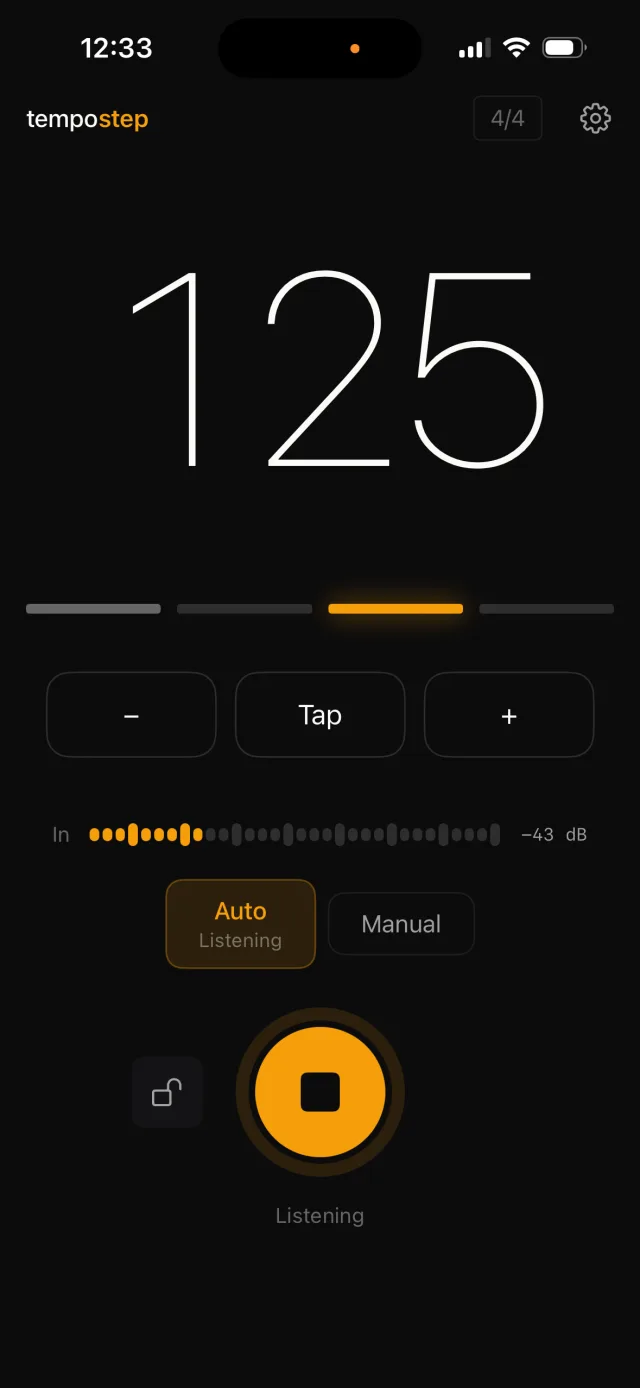 TempoStep advanced to 125 BPM, status: Listening