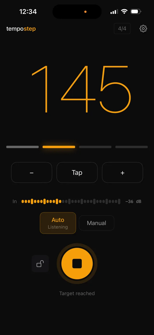 TempoStep at the 145 BPM target, number in amber, status: Target reached